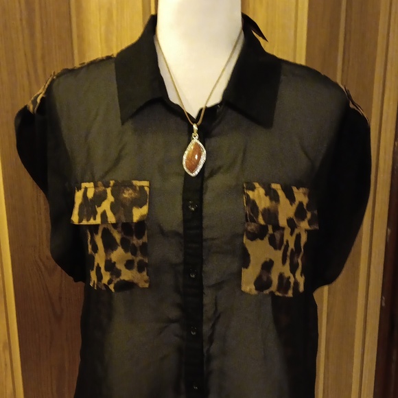 PAPAYA SHEER LEOPARD BUTTON DOWN BLOUSE - Picture 2 of 6